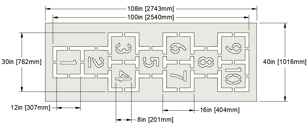 Hopscotch number-trail diagram, 2540 mm by 762 mm with 1 to 10 boxes