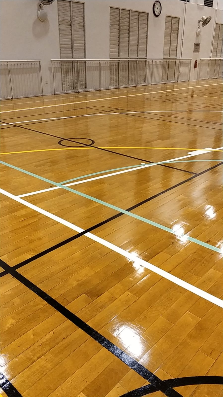 Completed multi-colour game lines on timber sports floor with black, white, yellow and green lines for overlaid sports